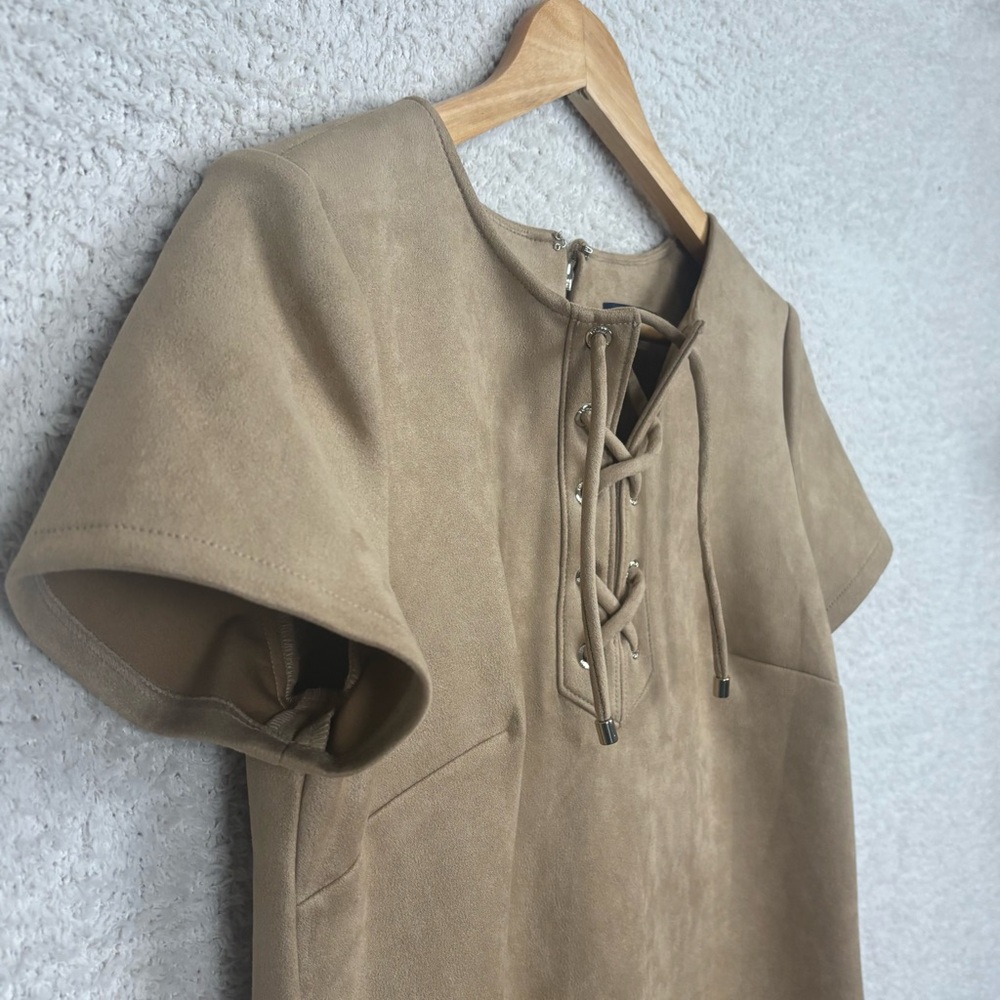 Tommy Hilfiger Dress Womens 6 Tan Lace-Up Scuba Faux-Suede A-Line Back Zip‎ Logo - Picture 2 of 14